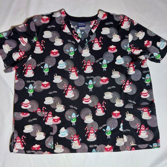 Let it Snowmen Black Printed Women's 3-Pocket V-Neck Scrub Top - Picture 3 of 6
